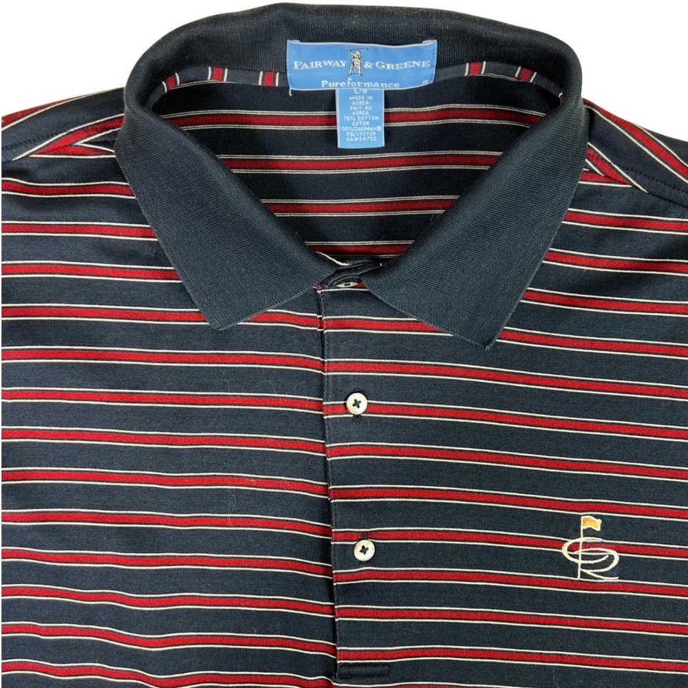Fairway & Greene Performance Men Large Navy Red Striped CoolMax Golf Polo Shirt
